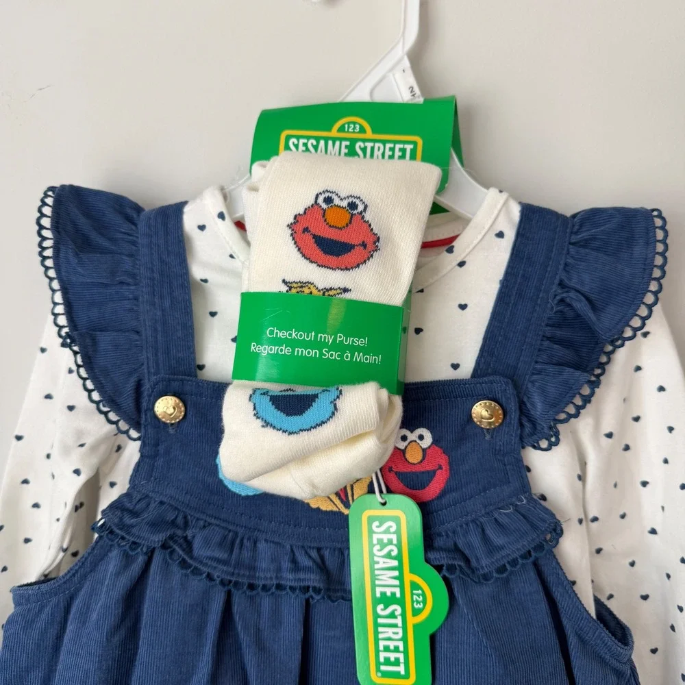 New 2T Sesame Street Friends Toddler Girl Corduroy Dress Outfit Socks Bag Blue